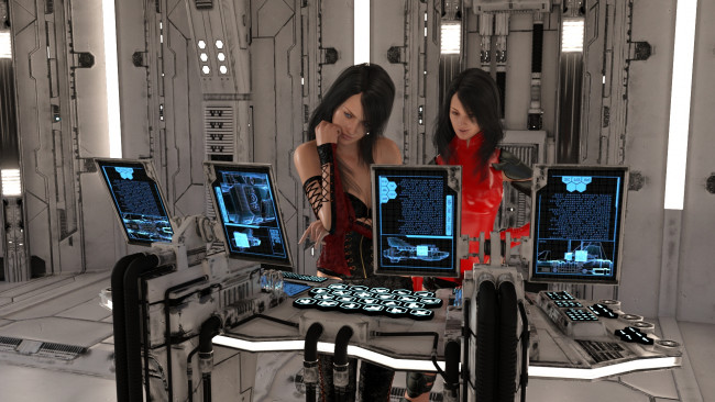 Обои картинки фото 3д графика, фантазия , fantasy, девушки, фон, взгляд