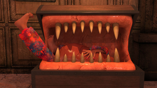 Обои картинки фото 3д графика, фантазия , fantasy, клыки, девушка, сундук, фон, взгляд