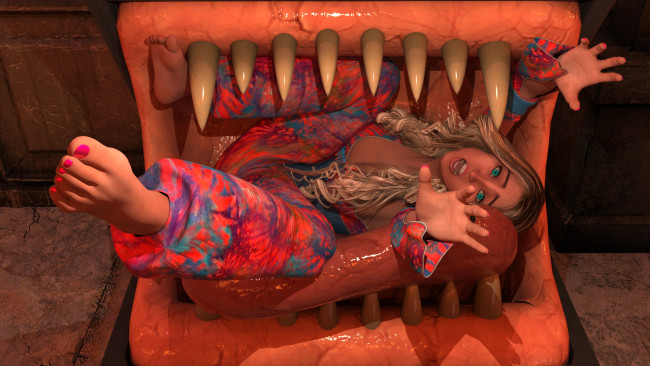 Обои картинки фото 3д графика, фантазия , fantasy, сундук, клыки, девушка, фон, взгляд