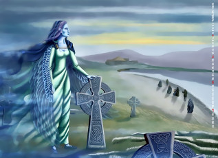 обоя календари, фэнтези, водоем, 2019, calendar, крылья, девушка, крест