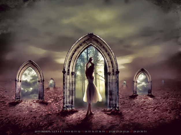 Обои картинки фото календари, фэнтези, девушка, арка, вход, calendar, 2019