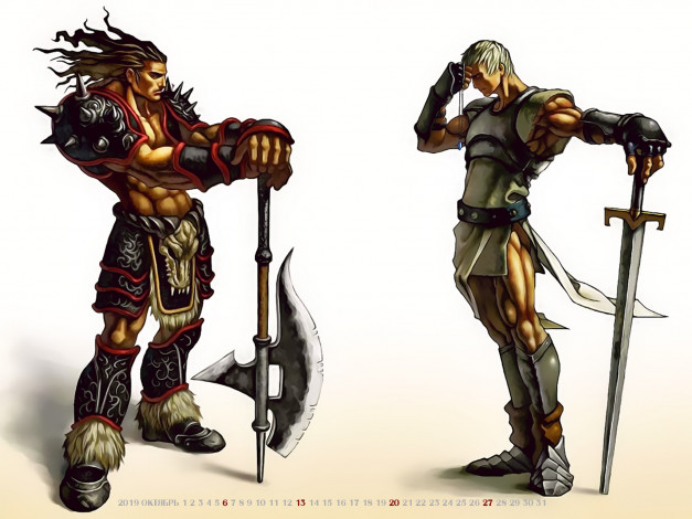 Обои картинки фото календари, видеоигры, 2019, calendar, двое, оружие, воин, мужчина