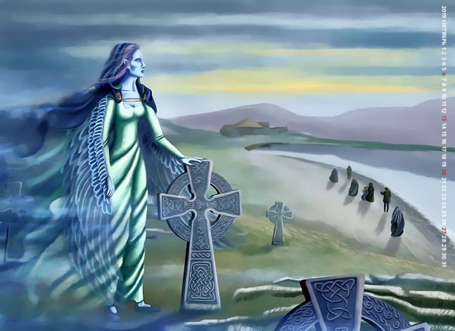 Обои картинки фото календари, фэнтези, водоем, 2019, calendar, крылья, девушка, крест