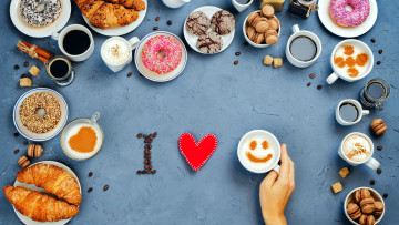 Картинка еда разное пончики кофе круассаны макаруны