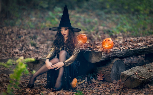 Обои картинки фото девушки, - креатив,  косплей, шляпа, тыквы