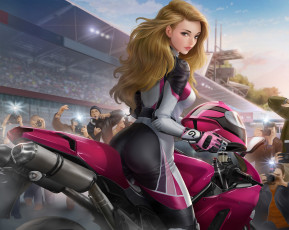 Картинка рисованное люди девушка фон взгляд униформа байк папараци