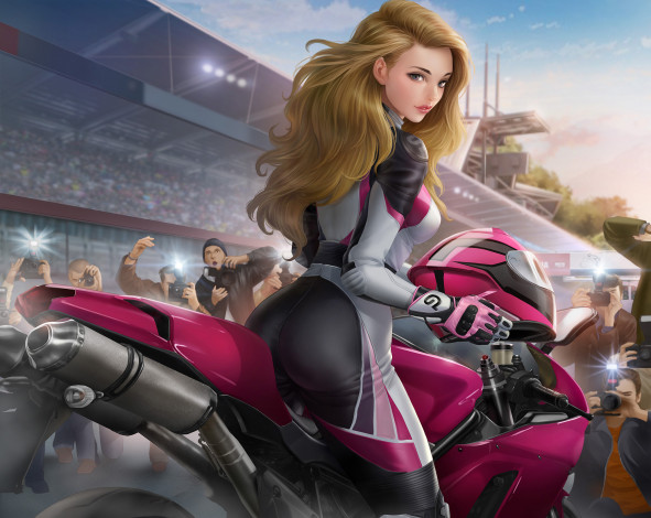 Обои картинки фото рисованное, люди, девушка, фон, взгляд, униформа, байк, папараци