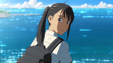 Картинка suzume+no+tojimari аниме unknown +другое+ девочка рюкзак море