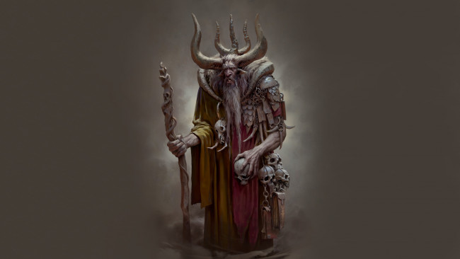 Обои картинки фото фэнтези, существа, рога, посох, черепа