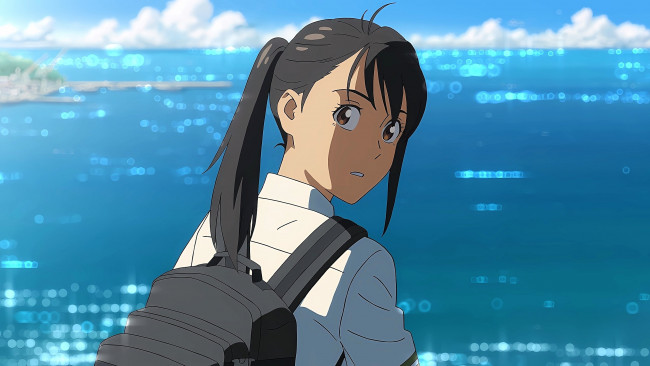 Обои картинки фото suzume no tojimari, аниме, unknown,  другое , девочка, рюкзак, море