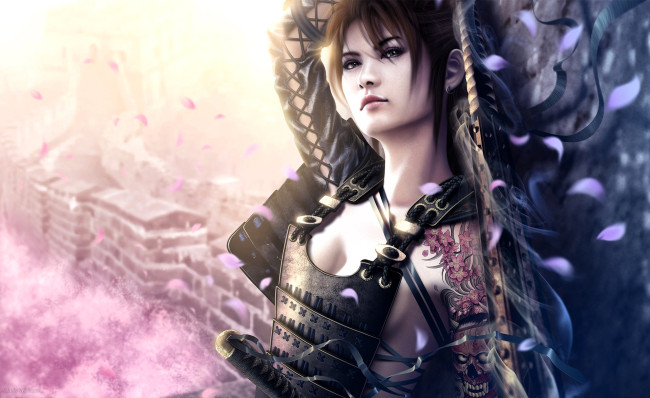 Обои картинки фото фэнтези, девушки, девушка, меч, доспехи, тату, город, дома, лепестки