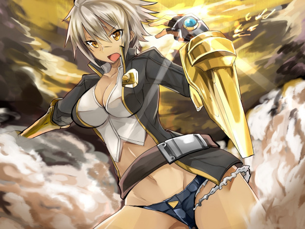 Обои картинки фото аниме, weapon, blood, technology, пояс, топ, наручи, жакет, девушка