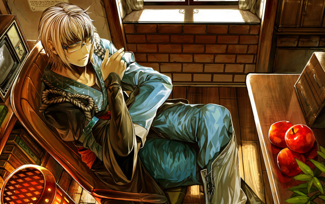 Обои картинки фото аниме, *unknown, другое, кресло, книги, телевизор, яблоки, очки, парень