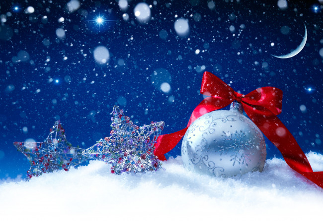 Обои картинки фото праздничные, украшения, шарик, звёзды, бант, снег