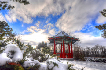 Картинка разное сооружения +постройки снег беседка деревья
