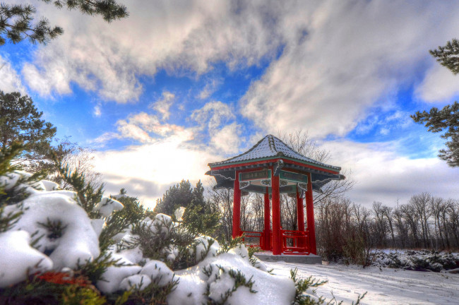 Обои картинки фото разное, сооружения,  постройки, снег, беседка, деревья