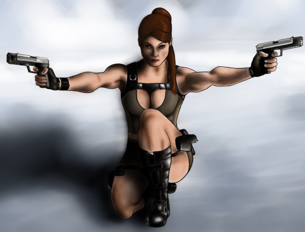 Обои картинки фото рисованное, комиксы, пистолет, взгляд, фон, девушка