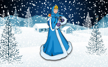 Картинка праздничные векторная+графика+ новый+год фон рождество снежинки снегурочка девушка внучка новый год праздник снег зима елка Ёлка птицы синицы красивая