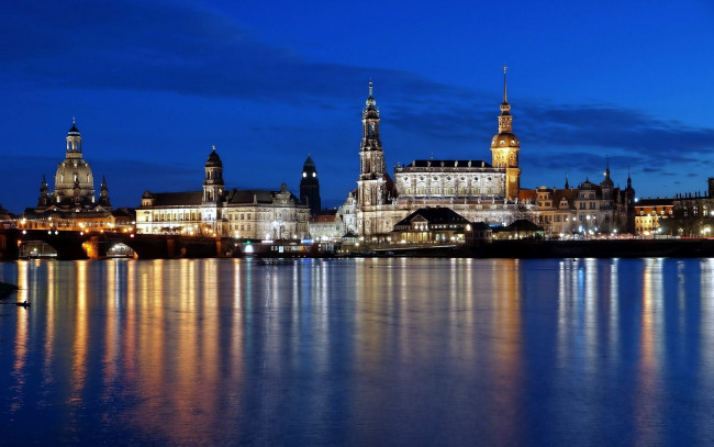 Обои картинки фото города, дрезден , германия, река, огни, вечер, мост