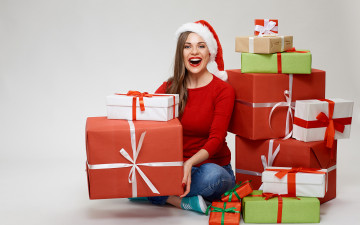 Картинка девушки -+снегурочки праздник шатенка подарки колпак