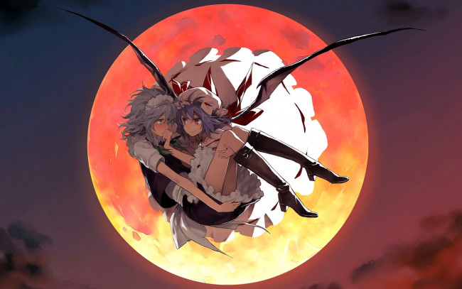 Обои картинки фото аниме, животные,  существа, девочки, полет, луна