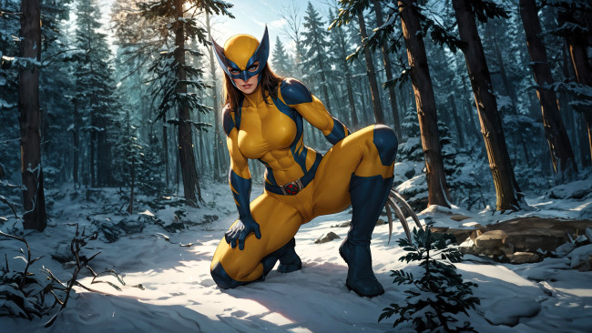 Обои картинки фото рисованное, комиксы, девушка, костюм, герой, когти, лес, снег
