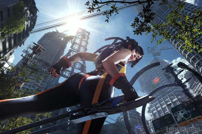 Обои картинки фото девушки, valery himera , lera himera, образ, наряд, костюм, косплей, оружие, город