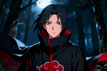 обоя аниме, naruto, учиха, итачи, плащ, лес, луна
