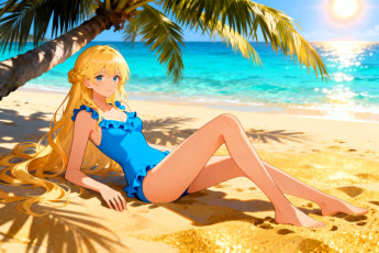 обоя аниме, unknown,  другое , девушка, блондинка, купальник, пляж, песок, море, пальмы
