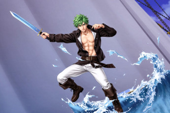 обоя аниме, unknown,  другое , парень, куртка, меч, сапоги, волна, море, паруса