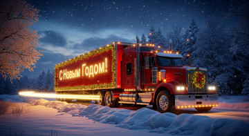 обоя праздник, праздничные, - разное , новый год, зима, снег, ночь, новый, год, арт, грузовик