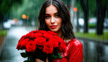 Картинка 3д+графика люди+ people девушка брюнетка лицо цветы букет розы дождь аллея