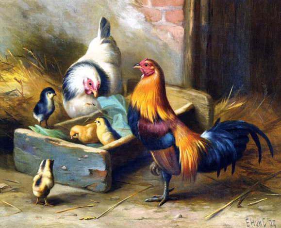 Обои картинки фото рисованное, edgar hunt, куры, цыплята, петух, поилка, сено