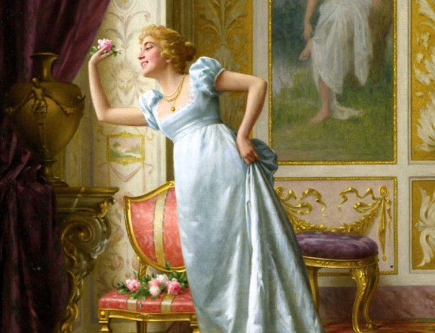 Обои картинки фото рисованное, vittorio reggianini, девушка, дама, цветы, картина, стулья, шторы