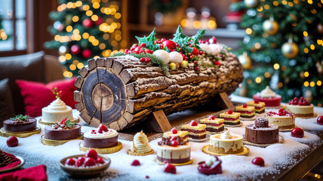 Обои картинки фото 3д графика, праздники , holidays, рождественское, полено, пирожные, ассорти