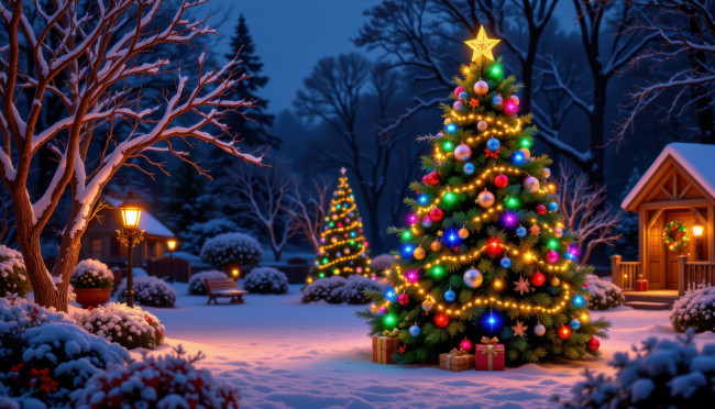 Обои картинки фото автор wp stl, 3д графика, праздники , holidays, зима, снег, елки, подарки, гирлянды, украшения