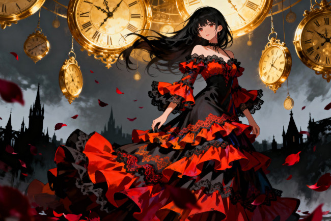 Обои картинки фото аниме, date a live, девушка, платье, часы, город, лепестки