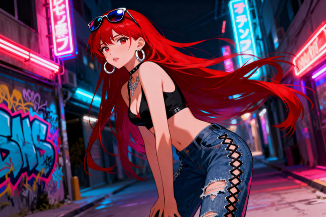 Обои картинки фото аниме, город,  улицы,  интерьер,  здания, девушка, очки, топ, джинсы, дома, улица