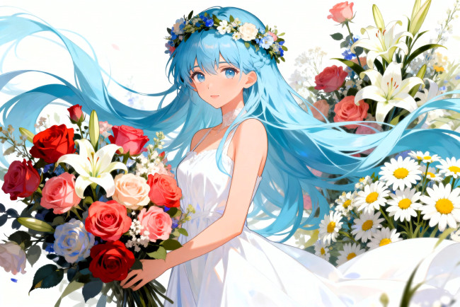 Обои картинки фото аниме, unknown,  другое , девушка, голубые, волосы, венок, платье, цветы, букет