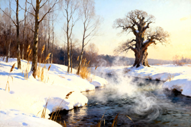 Обои картинки фото рисованное, природа, лес, деревья, снег, зима, речка, трава, пар