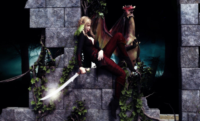 Обои картинки фото 3д, графика, fantasy, фантазия, меч, эльф, дракон