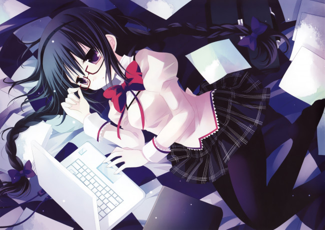 Обои картинки фото аниме, mahou, shoujo, madoka, magika, косички, постель, очки, форма, девушка
