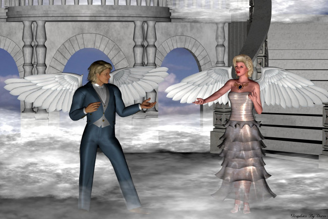 Обои картинки фото 3д, графика, angel, ангел, парень, девушка, колонны, крилья, ангелы