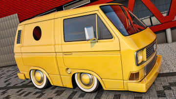 обоя автомобили, 3д, volkswagen, t3, transporter, желтый