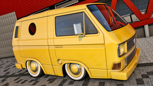 Обои картинки фото автомобили, 3д, volkswagen, t3, transporter, желтый