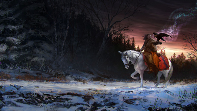 Обои картинки фото фэнтези, девушки, снег, орел