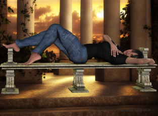 Картинка 3д+графика люди+ people колоны взгляд девушка фон скамейка джинсы