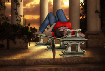 Картинка 3д+графика люди+ people колоны фон взгляд девушка скамейка джинсы