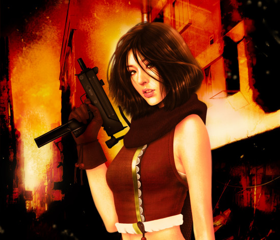 Обои картинки фото видео игры, ~~~другое~~~, девушка, оружие, взгляд, брюнетка