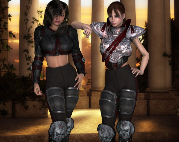 Обои картинки фото 3д графика, люди , people, колоны, фон, взгляд, девушки